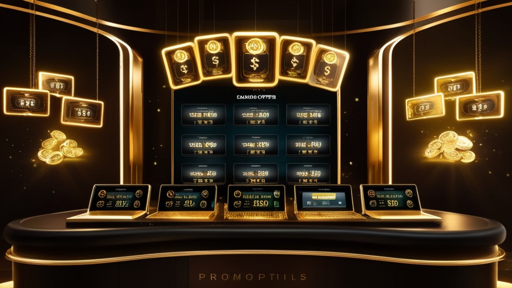 Pantalla con promociones activas y tarjetas de bono en un entorno de casino oscuro