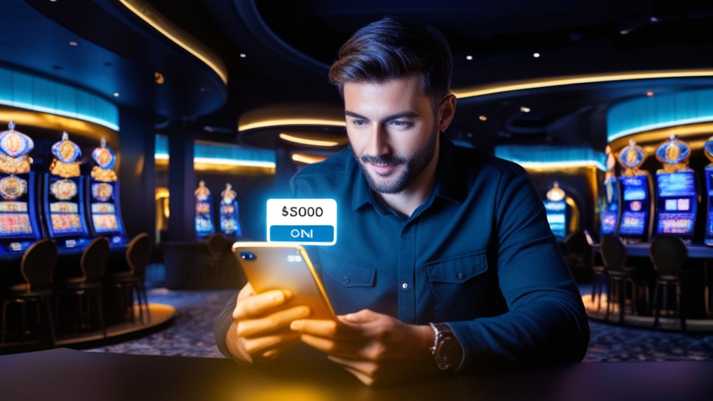 Jugador revisando un código de bono en la pantalla del móvil dentro de un casino oscuro