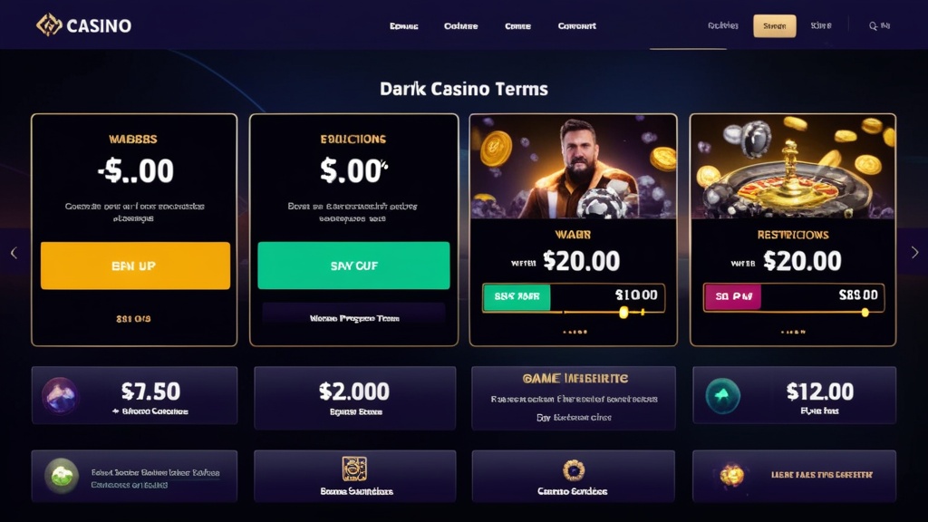 Panel de condiciones del bono con reloj, barras de progreso y límites en un casino oscuro