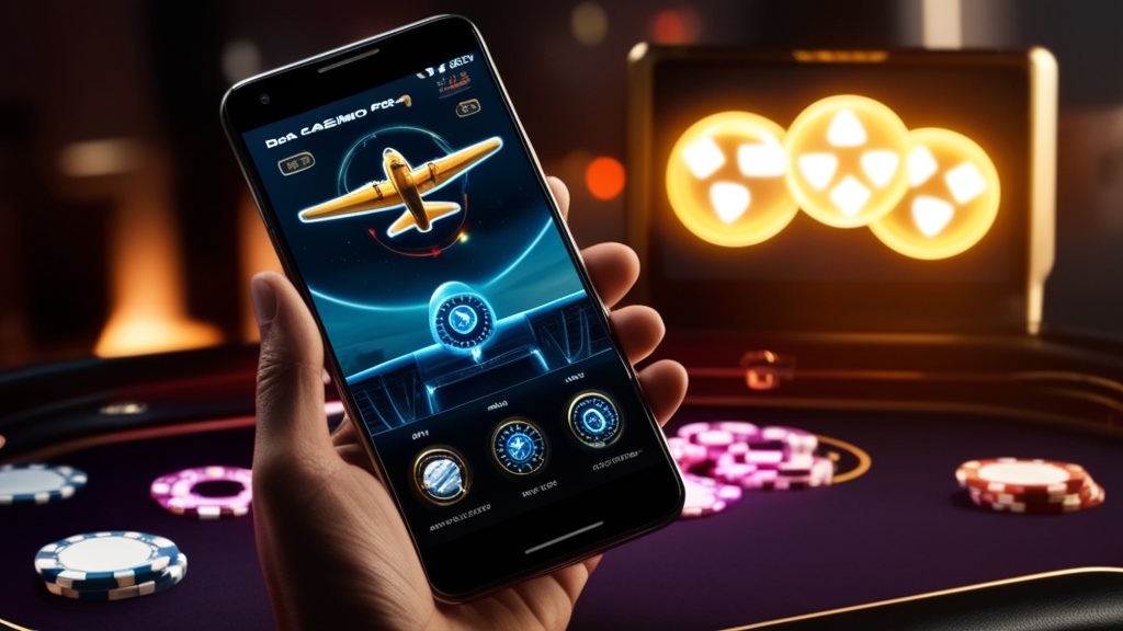 Móvil Android con una app Aviator y elementos de casino en un entorno oscuro.