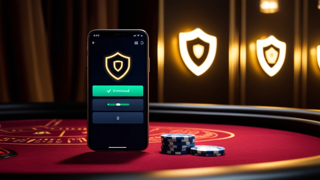 Teléfono Android mostrando la descarga segura de un APK en una mesa de casino oscura.
