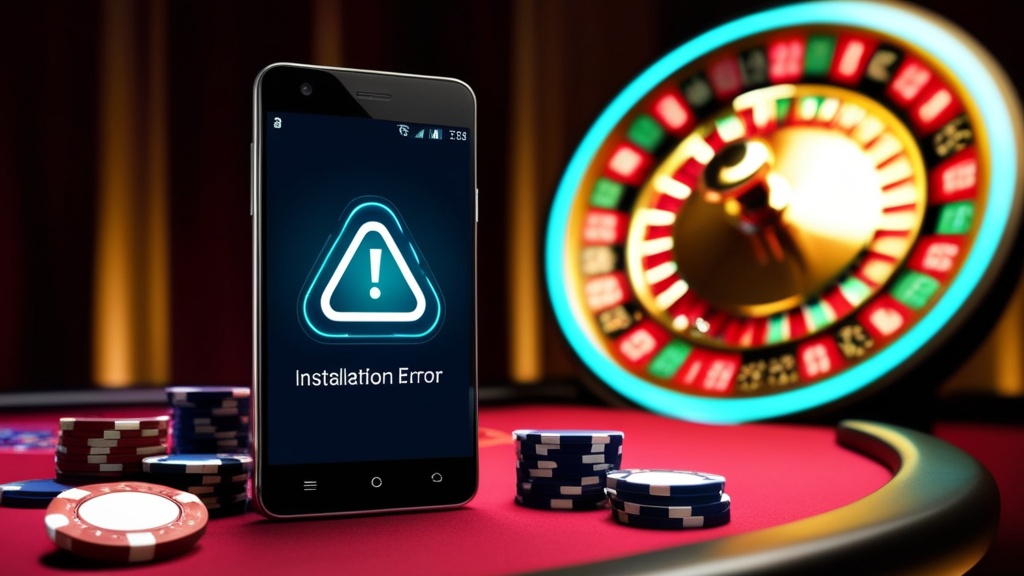 Móvil Android mostrando un error de instalación de APK sobre una mesa de casino oscura.